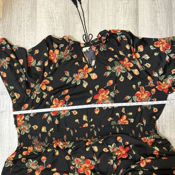 Terra & Sky Black Red Floral Maxi Dress Plus Size 5X 3/4 Sleeve Keyhole Tie Neck - Picture 16 of 16